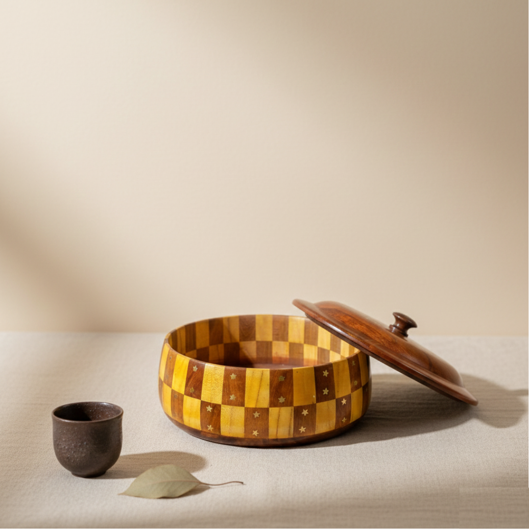 Sheesham Wood Hotpot with Brass Stars & Traditional Tokri Design