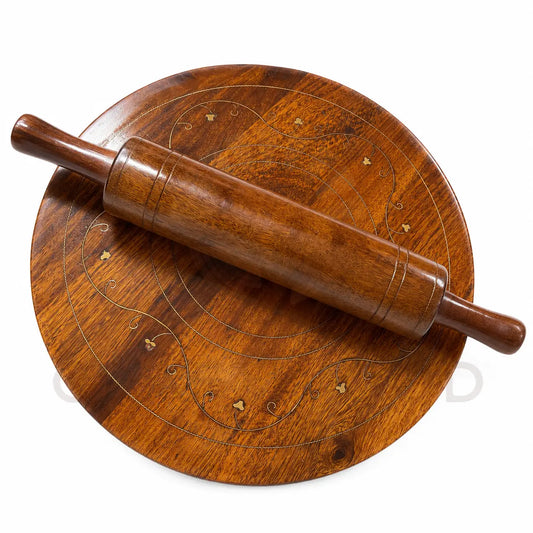 Sheesham Wood Chakla Belan Set | Handcrafted Rolling Board & Pin with Brass Inlay CRAFT WOOD
