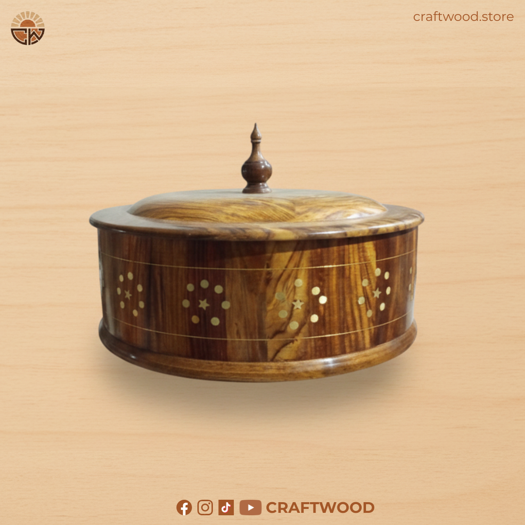 Handcrafted Wooden Hotpot with Brass Inlay Work
