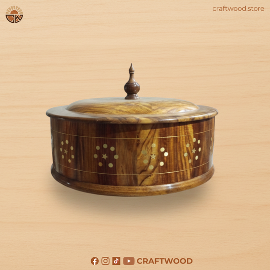 Handcrafted Wooden Hotpot with Brass Inlay Work