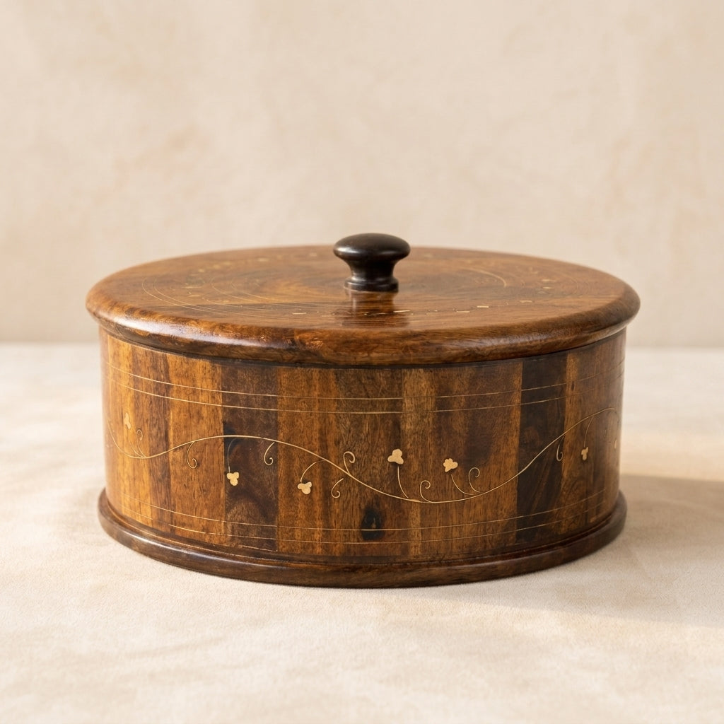 Wooden Hotpot with Brass Inlay Work — Round Box with Lid