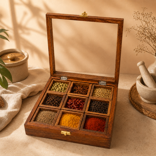 An open wooden spice box with a glass lid, displaying nine compartments filled with various colorful spices, set on a beige surface with a warm, rustic background.