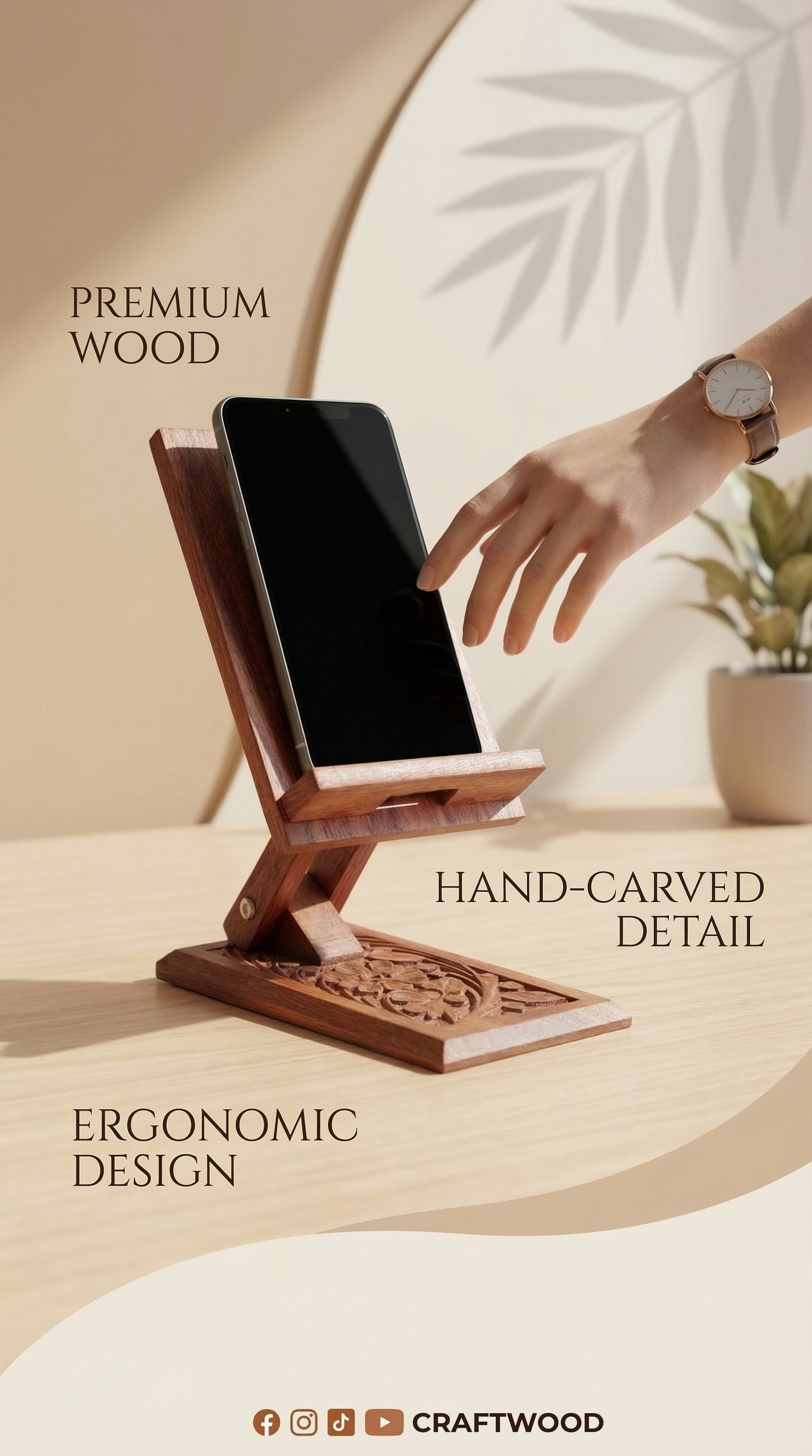 Handmade Wooden Mobile Stand – Carved Base Phone Holder for Desk