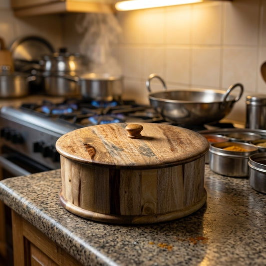 Natural Light Wood Hotpot | Round Roti Box, Solid Wood