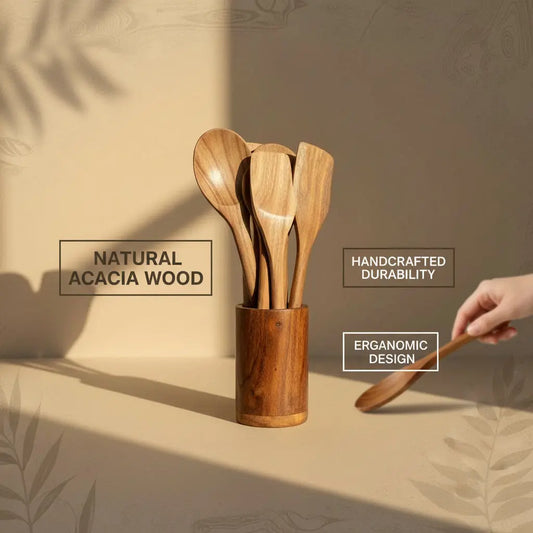 Handmade Wooden Spoon Set with Holder Craft Wood