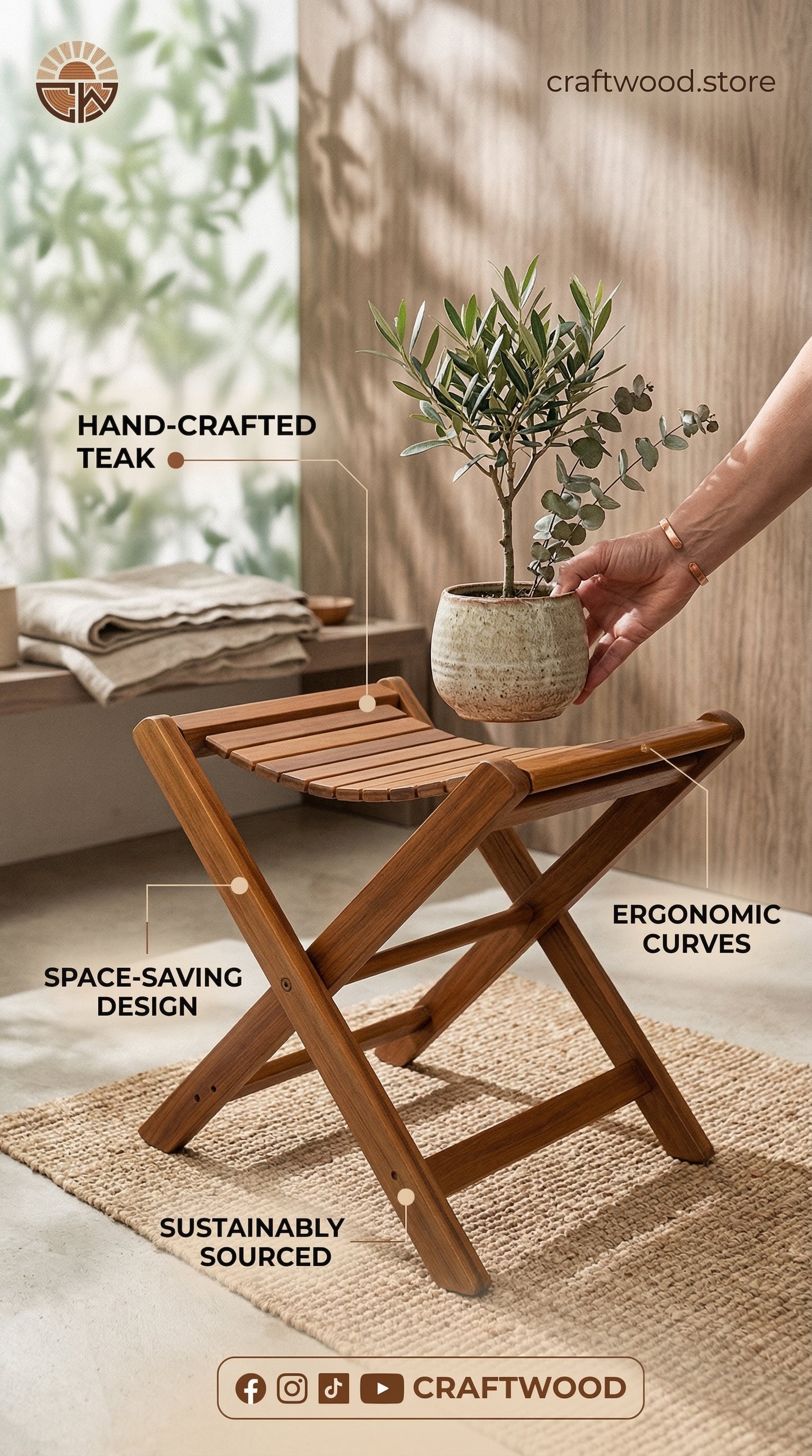 Handmade Wooden Folding Stool – Portable Solid Wood Seat for Indoor and Outdoor Use