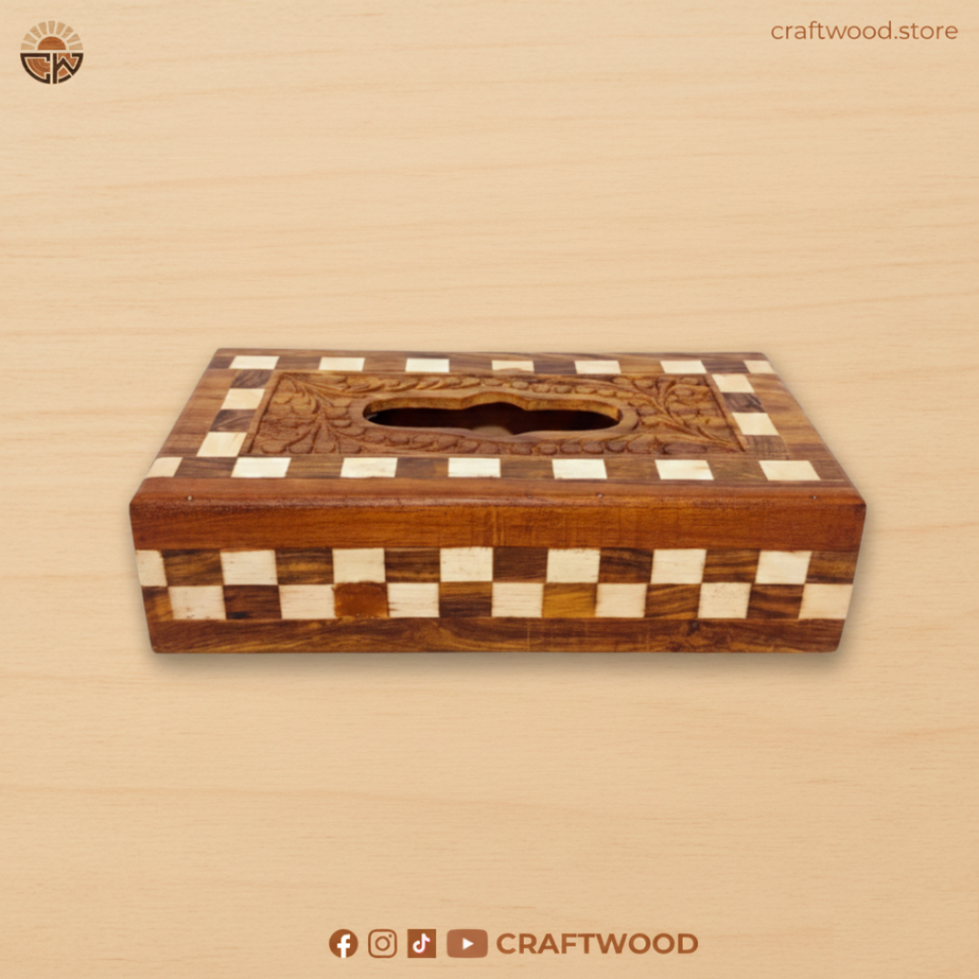 Tissue Box with Bone Inlay and Carved Design