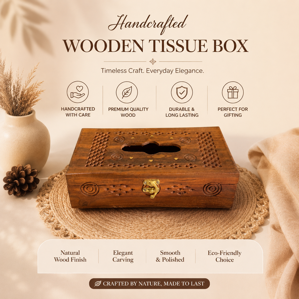 Sheesham Wood Tissue Box Cover | Hand-Carved Jali Design with Brass Inlay & Clasp