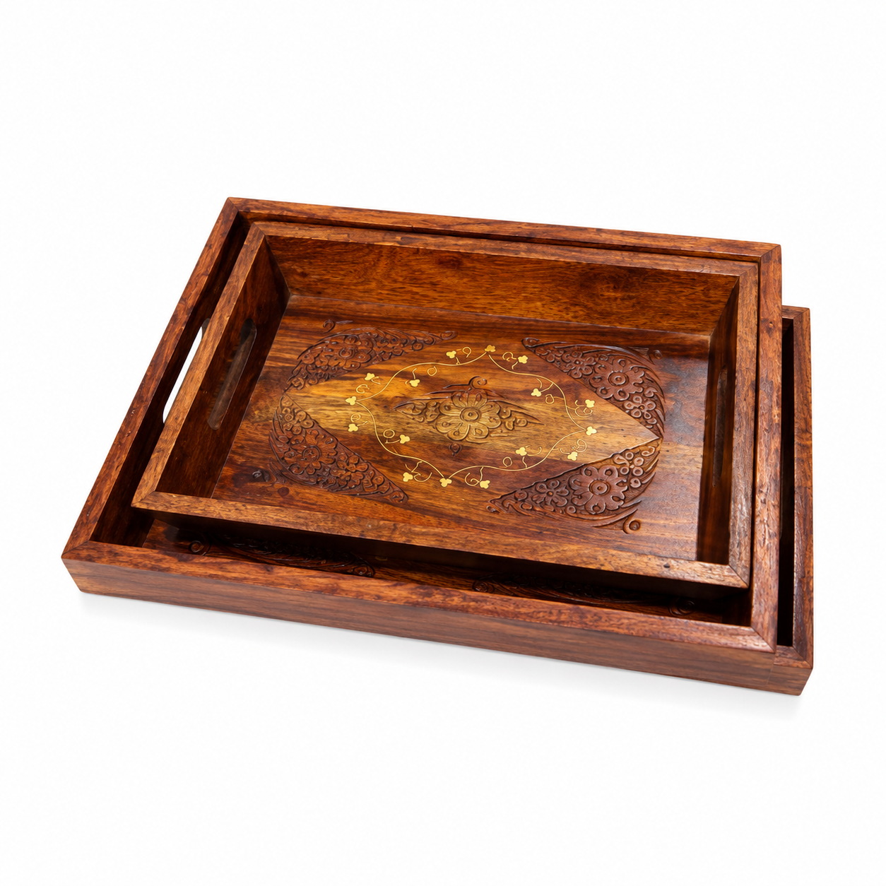 Tray Set of 3 — Floral Hand-Carved Serving Trays with Brass Inlay