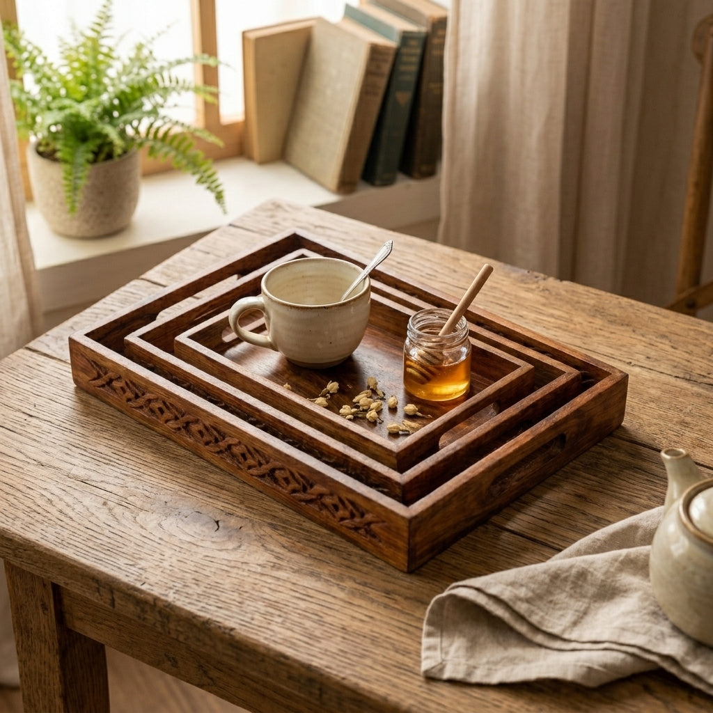 Tray Set of 3 — Hand-Carved with Cutwork Handles base ZRK