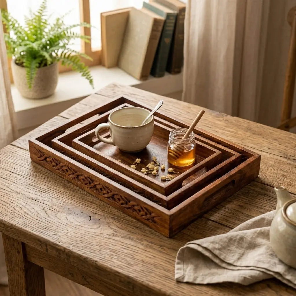 Set of 3 Tray Set — Hand-Carved with Cutwork Handles, Base ZRK CRAFT WOOD