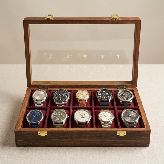 Solid Sheesham Wood Watch Box – 10 Slot Glass Top CRAFT WOOD