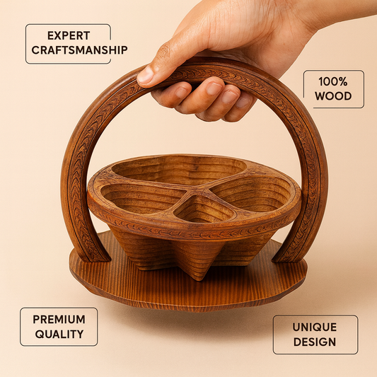 4-Portion Hand-Carved Wooden Dry Fruit Serving Tray