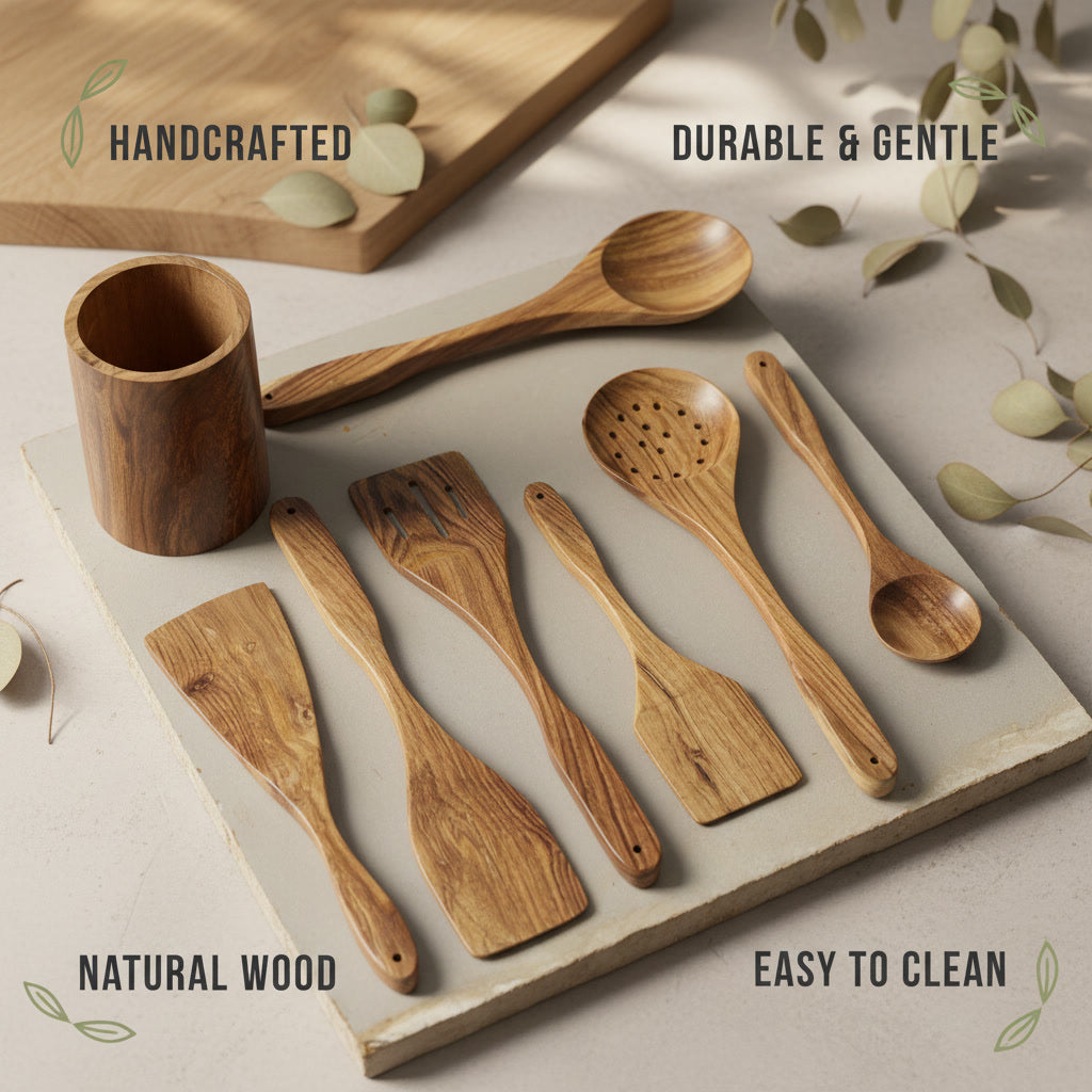 Handmade Wooden Spoon Set with Holder