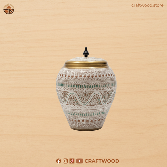 White Lacquer Art Candy Jar | Solid Sheesham Wood
