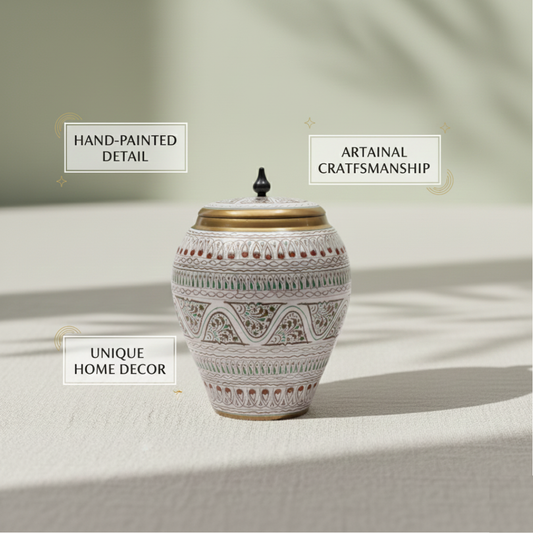 White Lacquer Art Candy Jar | Solid Sheesham Wood