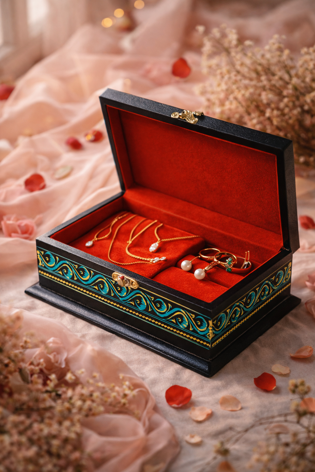 Handmade Naqshi Art Jewelry Box – Black Lacquer Wood with Red Velvet Interior