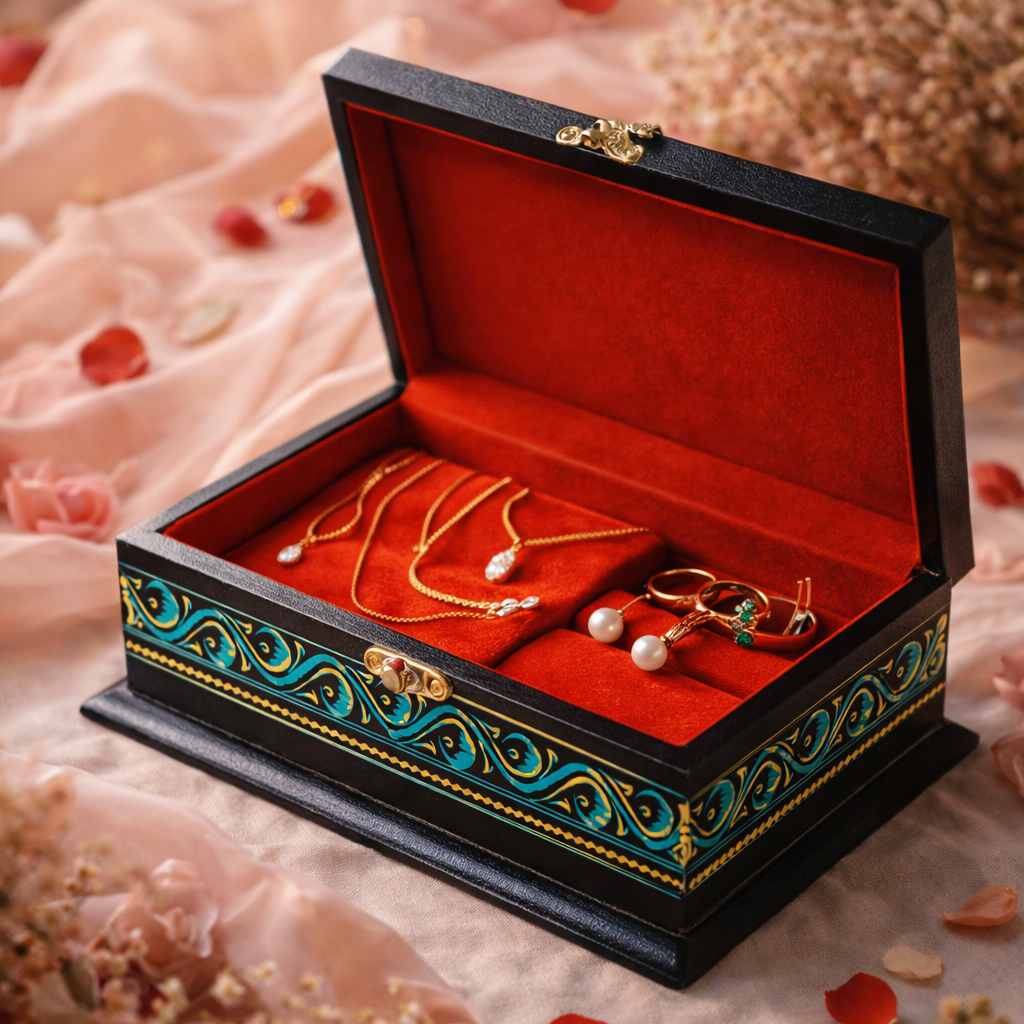 Decorative jewelry box with jewelry on a floral background