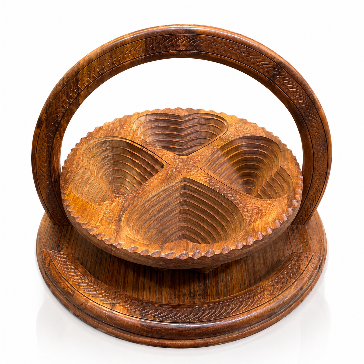 Handcrafted Sheesham Wood Dry Fruit Tokri | 4-Section Nut Serving Basket with Handle