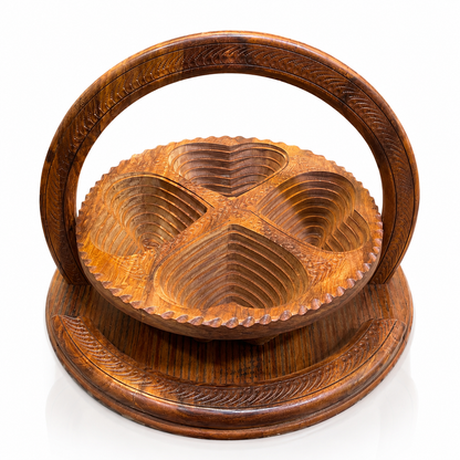 Handcrafted Sheesham Wood Dry Fruit Tokri | 4-Section Nut Serving Basket with Handle