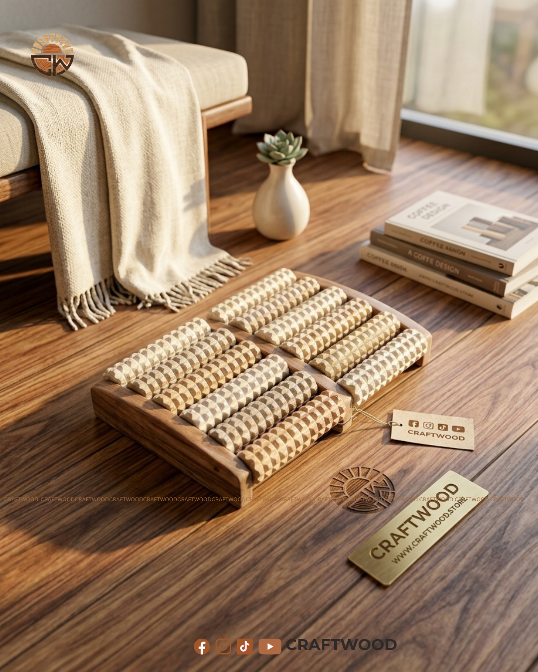 Wooden Foot Massager on a wooden floor with 'Craftwood' branding.