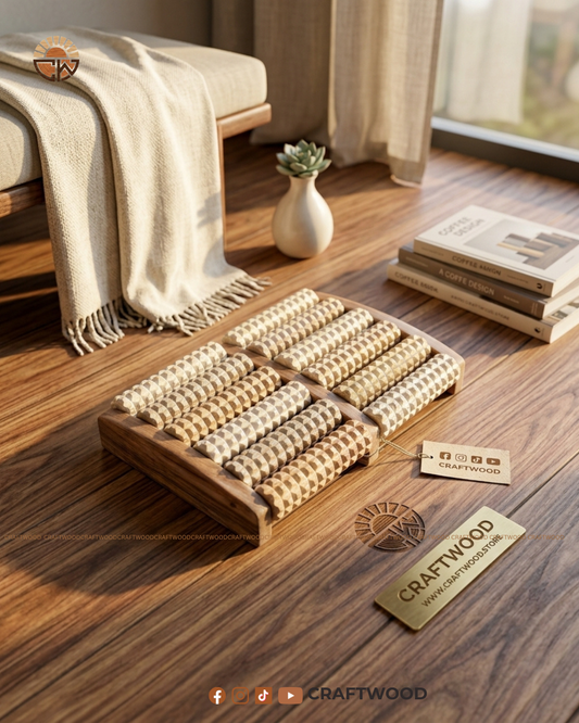 Wooden Foot Massager on a wooden floor with 'Craftwood' branding.