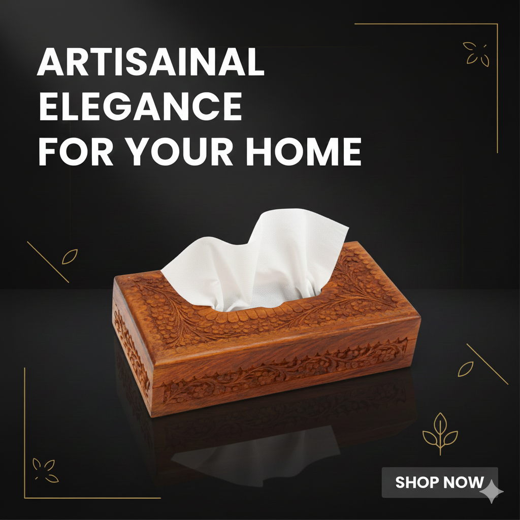 Hand-Carved Wooden Tissue Box Cover | Premium Desktop Decor