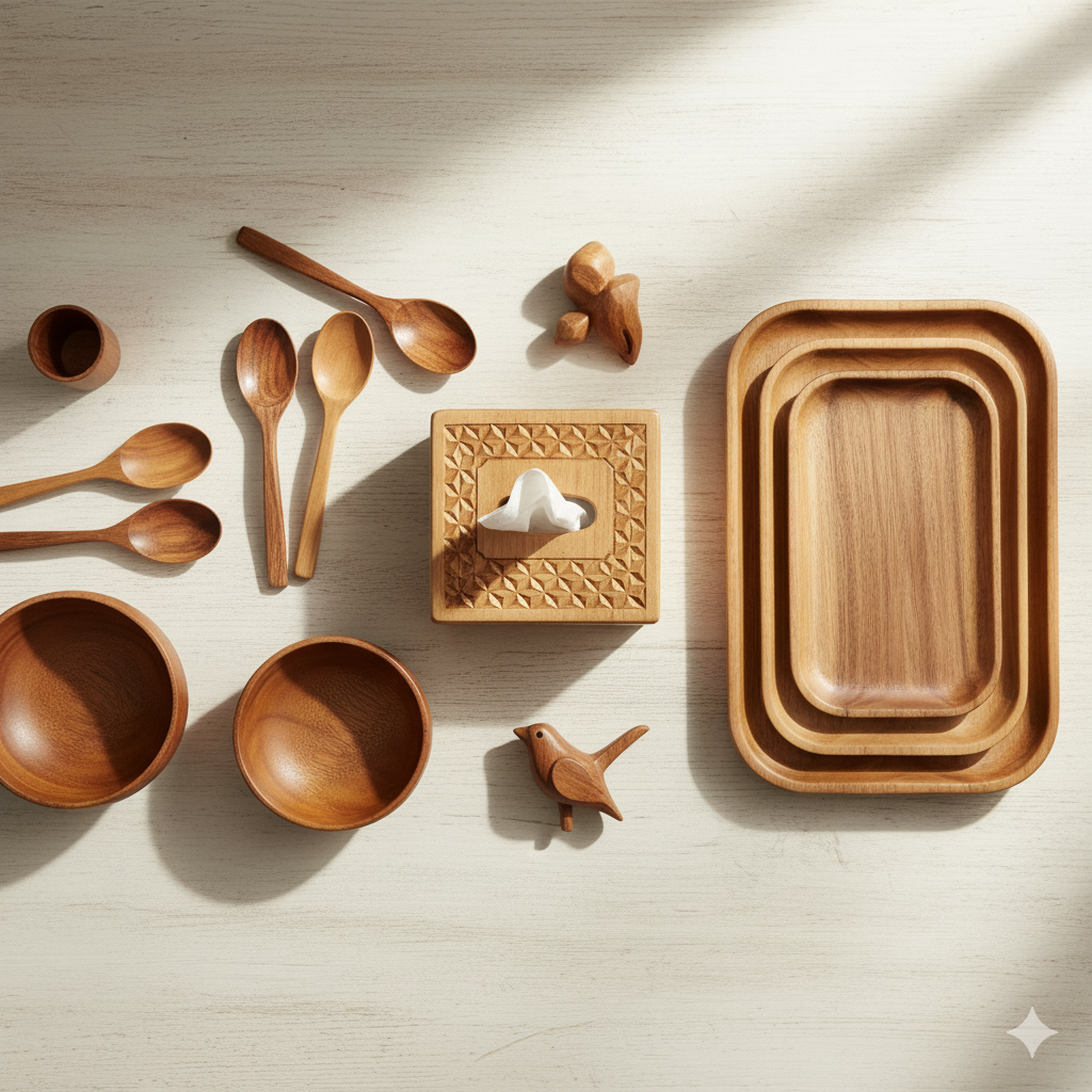 Set of wooden kitchen utensils including bowls, spoons, and a tray on a light wooden surface.