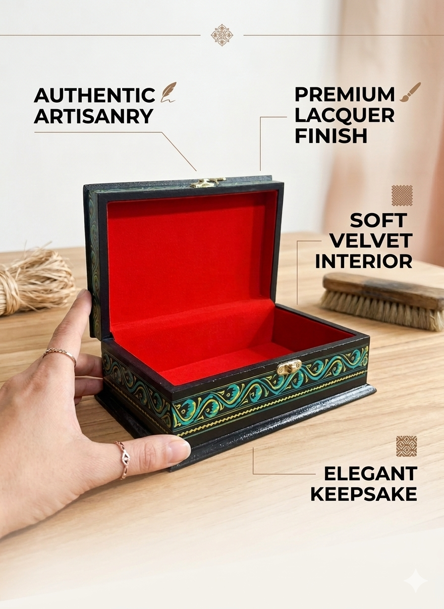 Handmade Naqshi Art Jewelry Box – Black Lacquer Wood with Red Velvet Interior