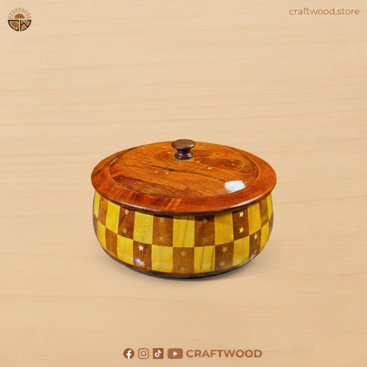 Sheesham Wood Hotpot with Brass Stars & Traditional Tokri Design