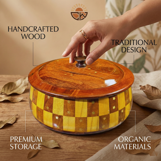 Sheesham Wood Hotpot with Brass Stars & Traditional Tokri Design