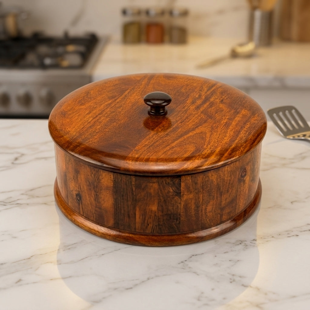 Sheesham Wood Hotpot | Simple Round Roti Box, Solid Wood CRAFT WOOD  
