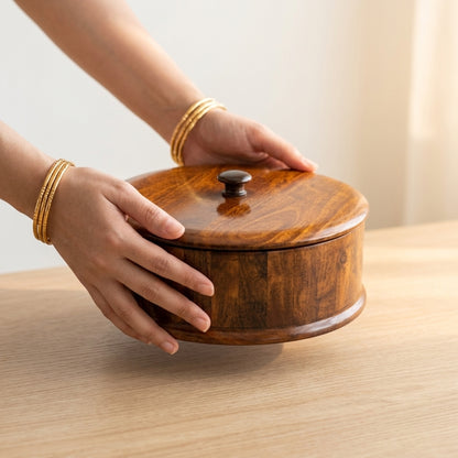 Hotpot Sheesham Wood  | Round Wooden Roti Box with Lid