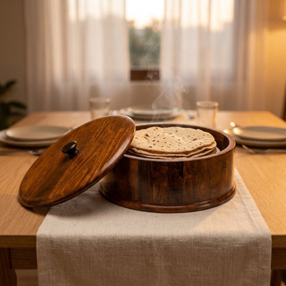 Sheesham Wood Hotpot | Simple Round Roti Box, Solid Wood