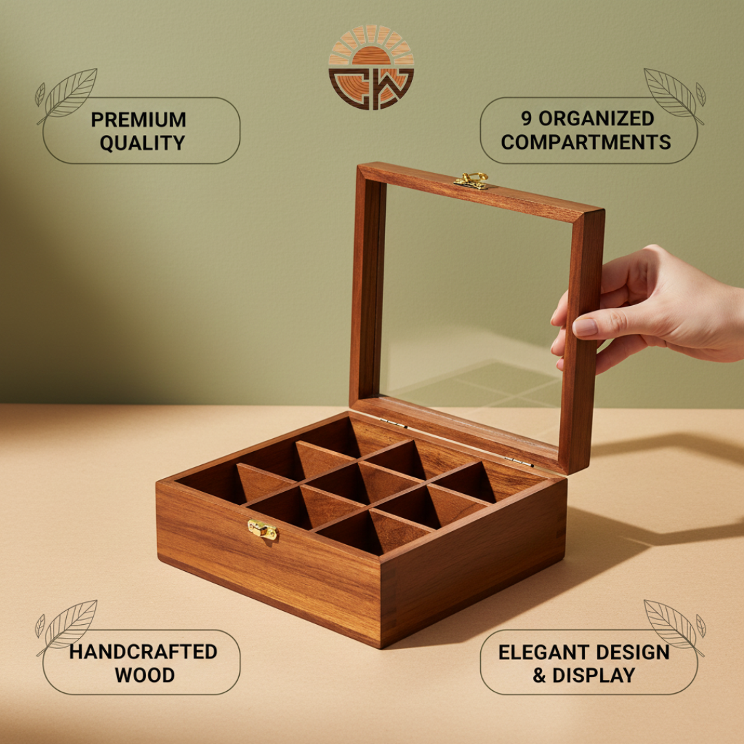 Premium Sheesham Wood Spice Box | 9-Compartment Storage (Masala Dabba)