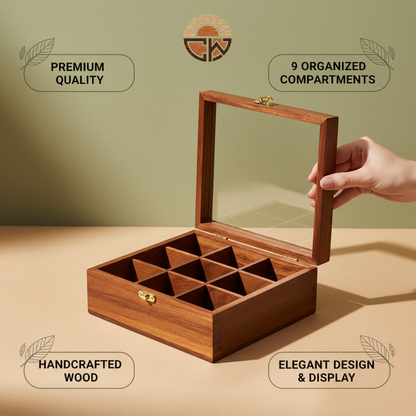 Premium Sheesham Wood Spice Box | 9-Compartment Storage (Masala Dabba)