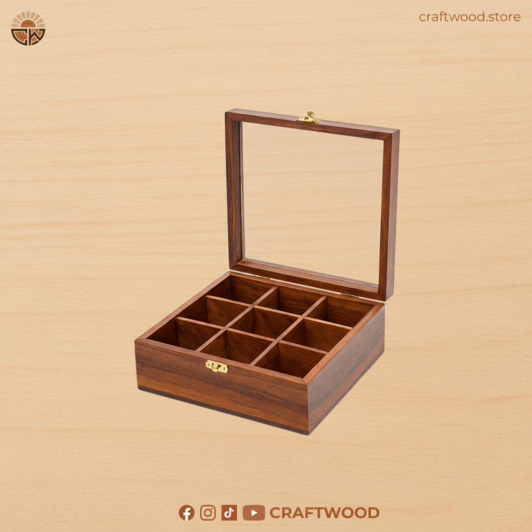 Premium Sheesham Wood Spice Box | 9-Compartment Storage (Masala Dabba)