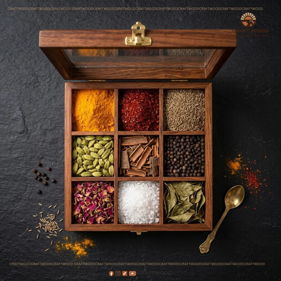 Premium Sheesham Wood Spice Box | 9-Compartment Storage (Masala Dabba) Craft Wood
