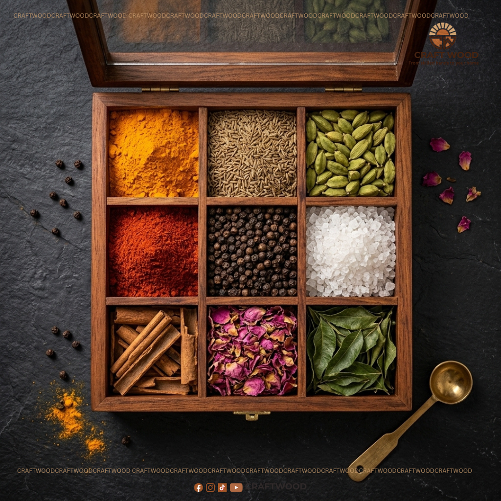 Premium Sheesham Wood Spice Box | 9-Compartment Storage (Masala Dabba)