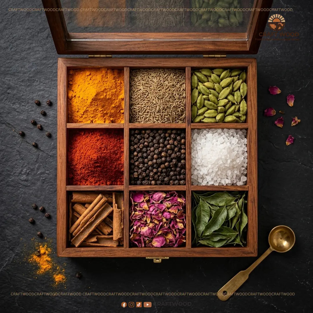 Premium Sheesham Wood Spice Box | 9-Compartment Storage (Masala Dabba) Craft Wood