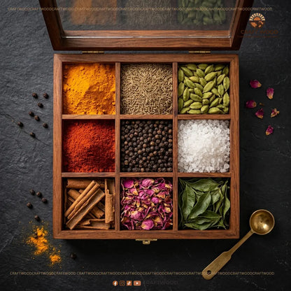 Premium Sheesham Wood Spice Box | 9-Compartment Storage (Masala Dabba) Craft Wood