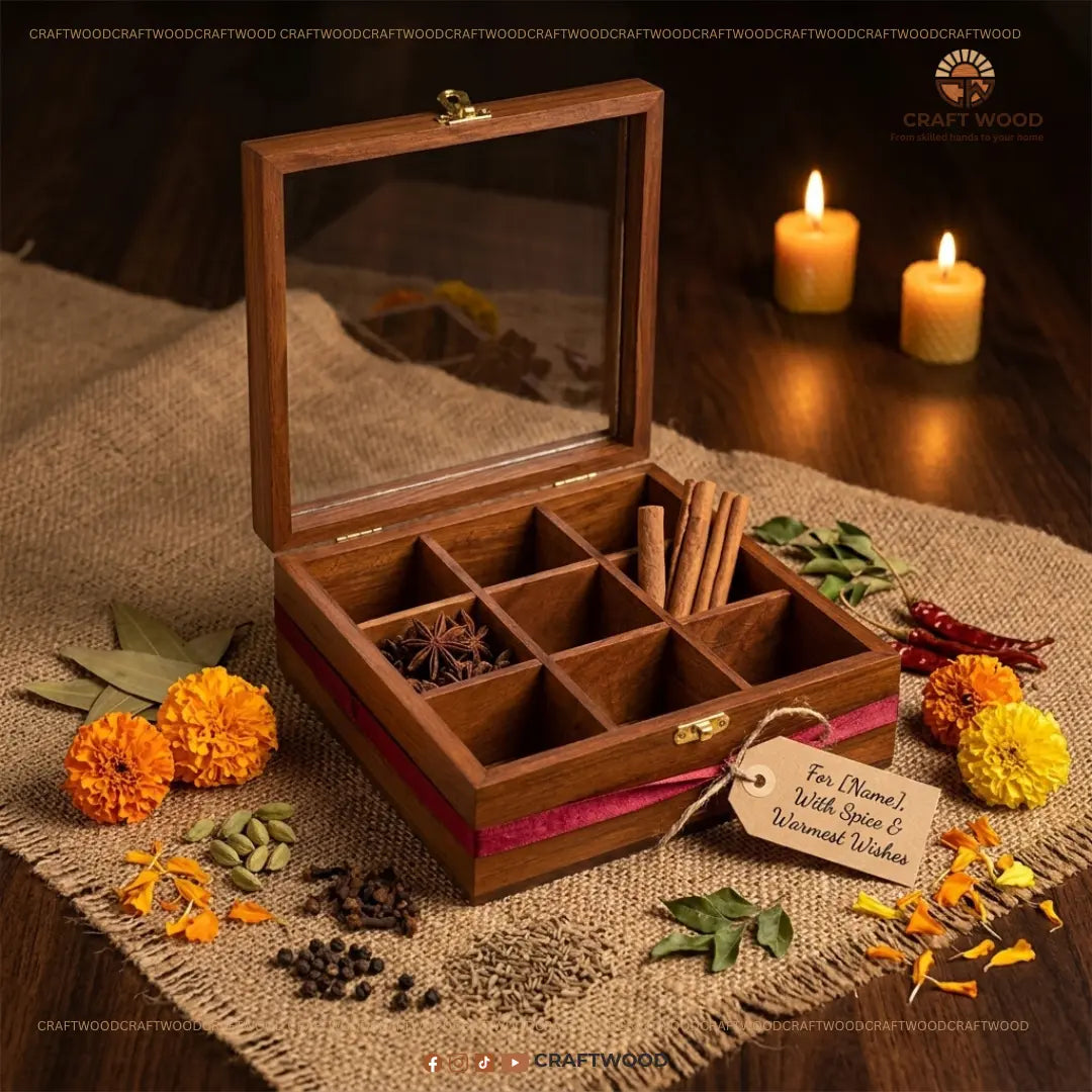 Premium Sheesham Wood Spice Box | 9-Compartment Storage (Masala Dabba) Craft Wood