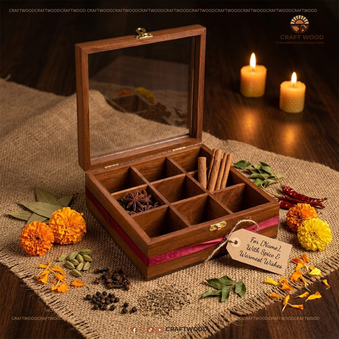 Premium Sheesham Wood Spice Box | 9-Compartment Storage (Masala Dabba)
