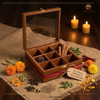 Premium Sheesham Wood Spice Box | 9-Compartment Storage (Masala Dabba) Craft Wood
