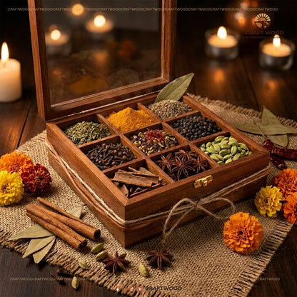 Premium Sheesham Wood Spice Box | 9-Compartment Storage (Masala Dabba) Craft Wood