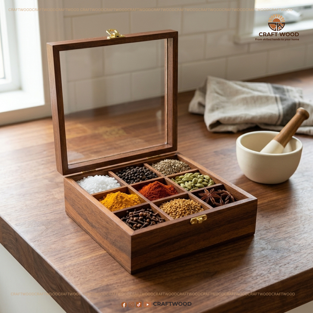 Premium Sheesham Wood Spice Box | 9-Compartment Storage (Masala Dabba)