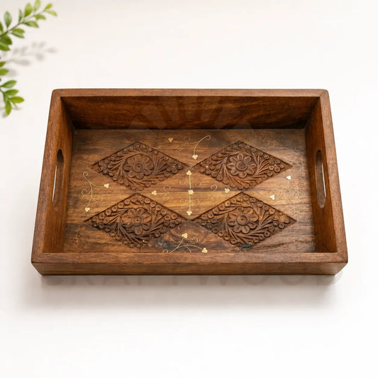 Tray Set of 3 — Floral Hand-Carved Serving Trays with Brass Inlay CRAFT WOOD