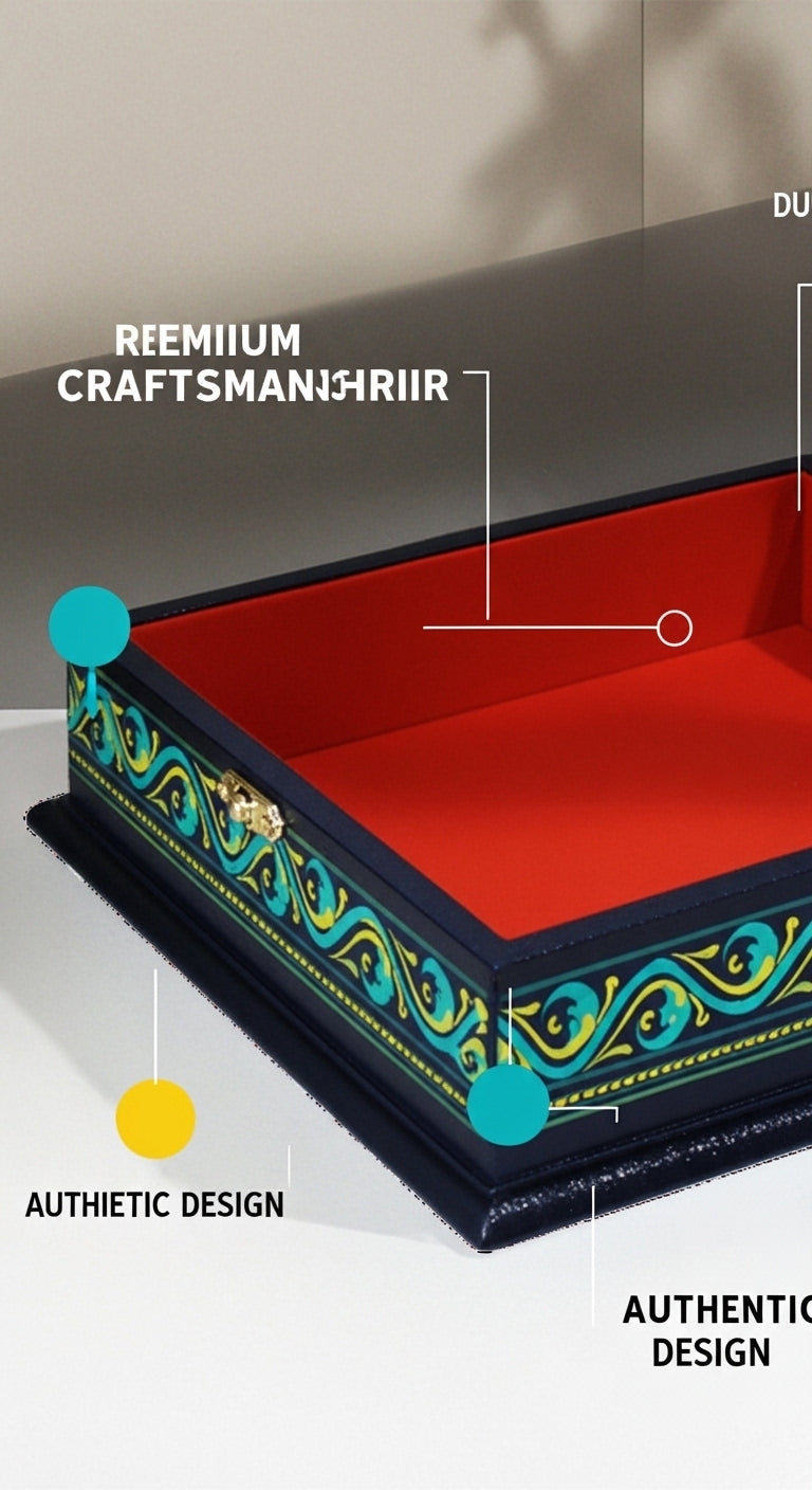 Handmade Naqshi Art Jewelry Box – Black Lacquer Wood with Red Velvet Interior