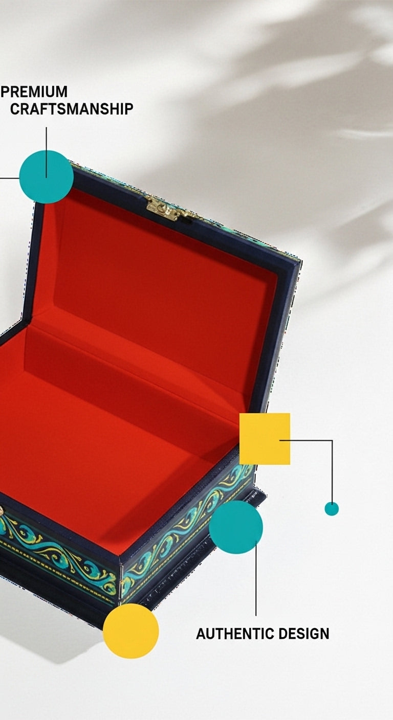 Handmade Naqshi Art Jewelry Box – Black Lacquer Wood with Red Velvet Interior
