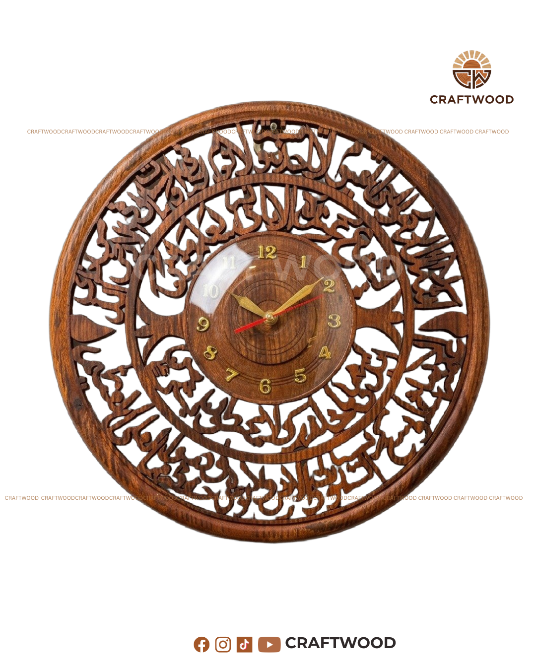Wooden wall clock with intricate carvings and 'Craftwood' branding.